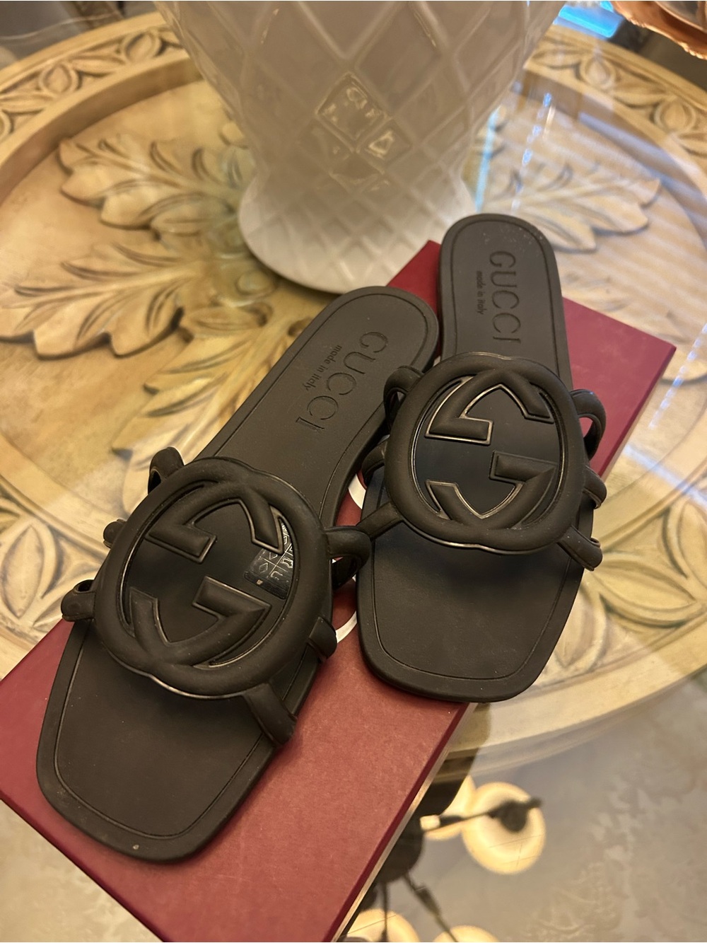 Gucci Black Rubber GG Slide Sandals